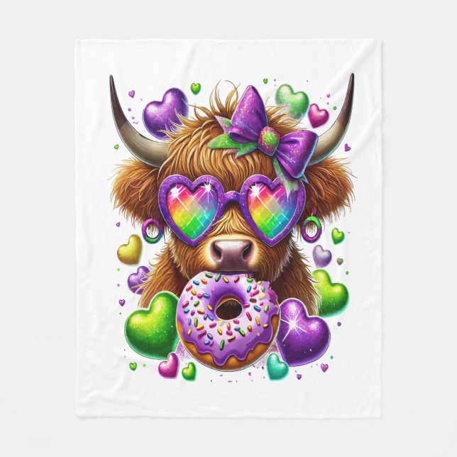 Retro Mardi Gras , Highland Cow Fleece Blanket (Front)