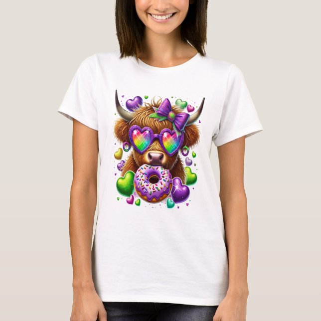 Retro Mardi Gras Png, Highland Cow T-Shirt (Front)