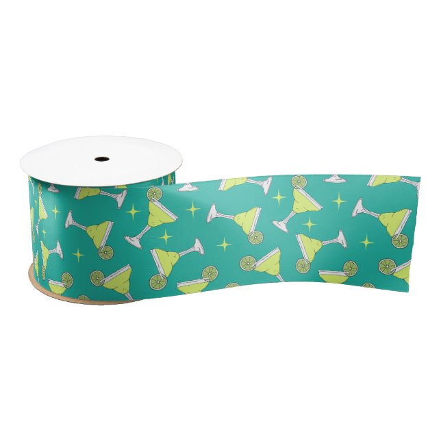 Retro Margarita Cocktails Patterned Blue and Lime  Satin Ribbon (Spool)