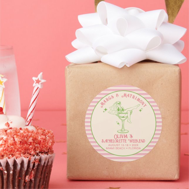 Retro Margs & Matrimony Bachelorette Favour Classic Round Sticker (Party)