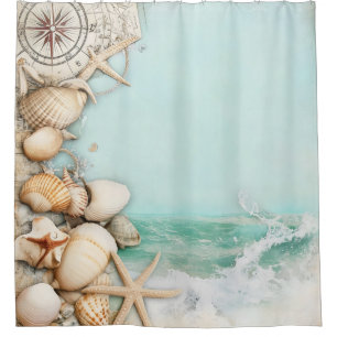 Retro Maritime Beach Scene Shower Curtain
