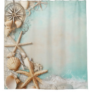 Retro Maritime Beach Scene Shower Curtain