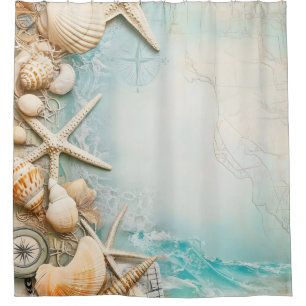 Retro Maritime Beach Scene Shower Curtain
