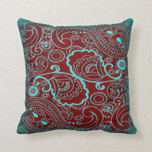 Retro Maroon and Teal Paisley Pattern Cushion