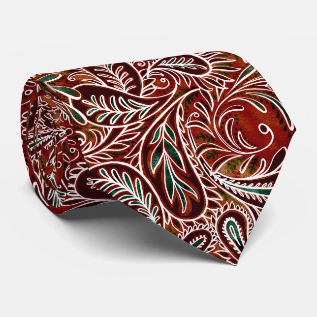 Retro Maroon Teal Paisley Pattern Tie (Rolled)