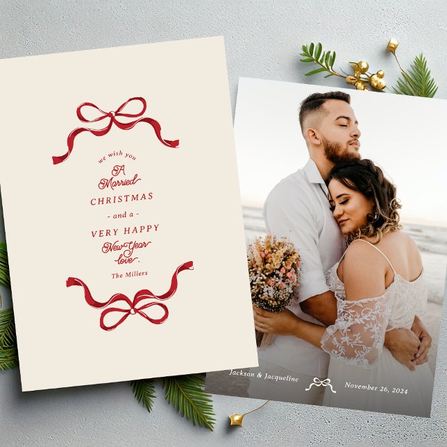 Retro Married Bows Cream & Red Photo Holiday Card (Creator Uploaded)
