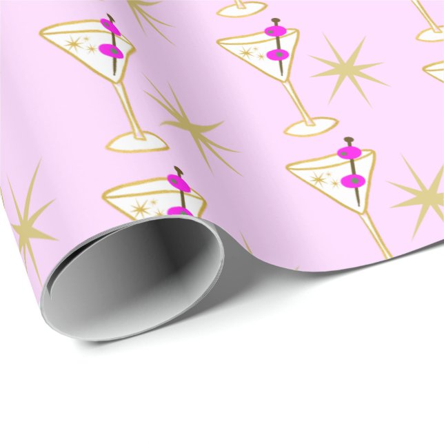 Retro Martini Cocktail Glass Festive Pink Olive  Wrapping Paper (Roll Corner)