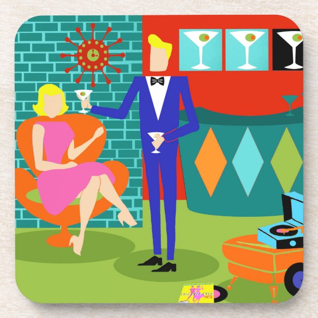 Retro Martini Couple Hard Plastic Coasters (Front)
