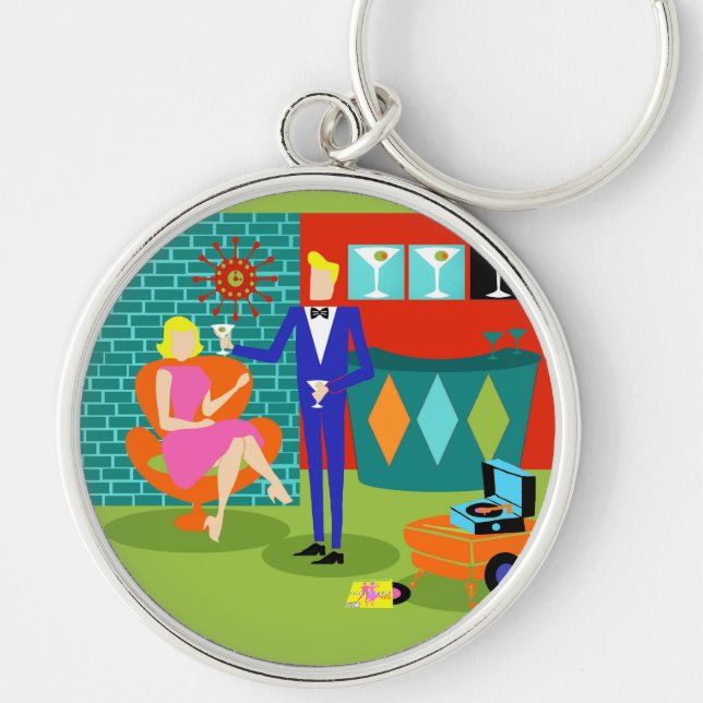 Retro Martini Couple Round Keychain (Front)