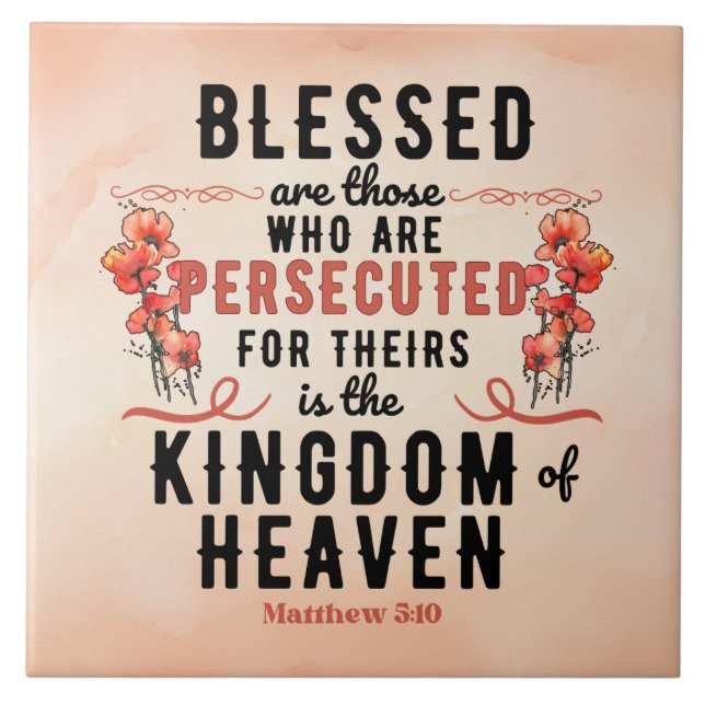 Retro Matthew 5:10 Poppies Watercolor Ceramic Tile (Front)