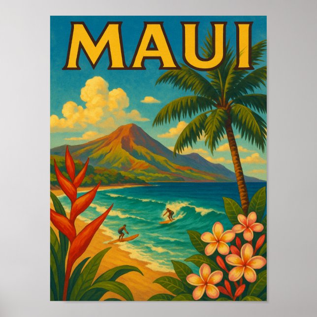 Retro Maui Hawaii Surfer Paradise Travel Poster (Front)