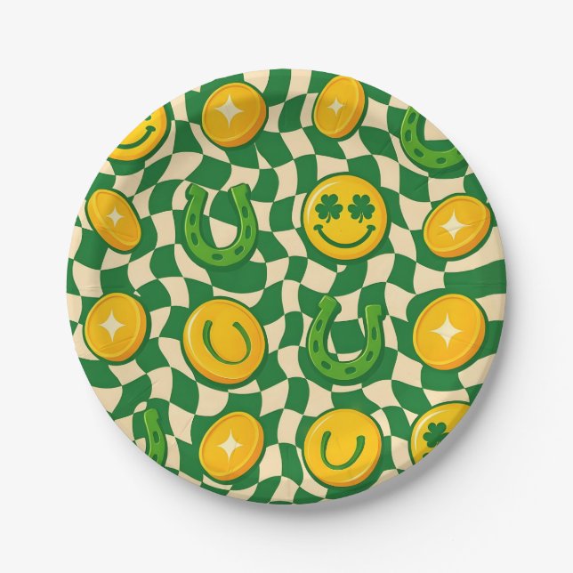 Retro Maximalist Checkerboard St. Patrick's Day  Paper Plate (Front)