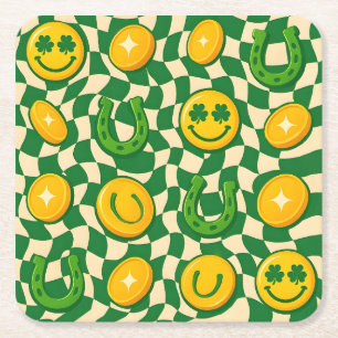 Retro Maximalist Chequerboard St. Patrick's Day Square Paper Coaster