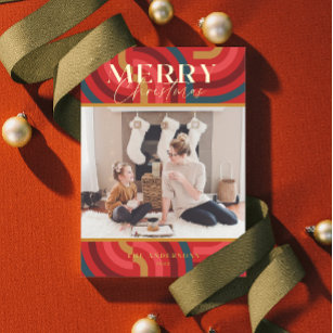 Retro Maximalist Geometric Red Christmas Photo Foil Holiday Card