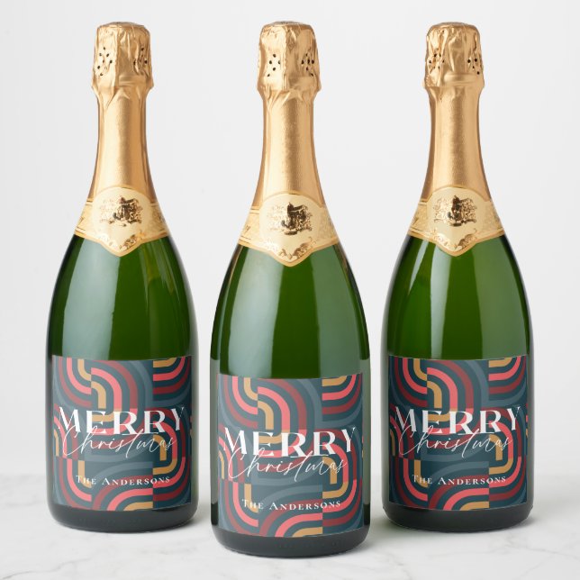 Retro Maximalist Geometric Teal Christmas Sparkling Wine Label (Bottles)
