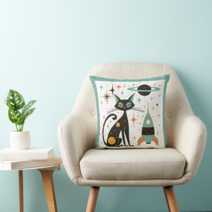 Retro MCM Black Cat Spaceship Planet Stars Cushion