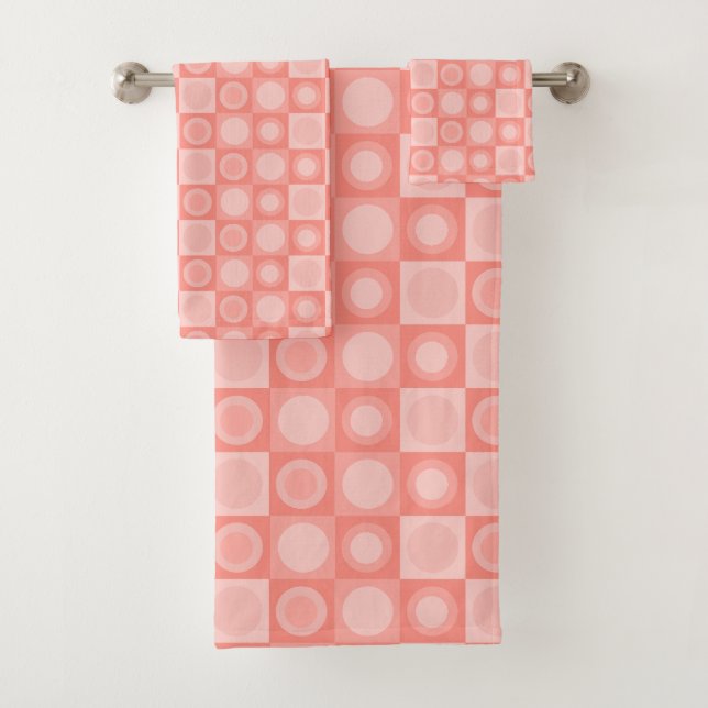 Retro MCM Geometric Pattern Salmon Pink Bath Towel Set (Insitu)