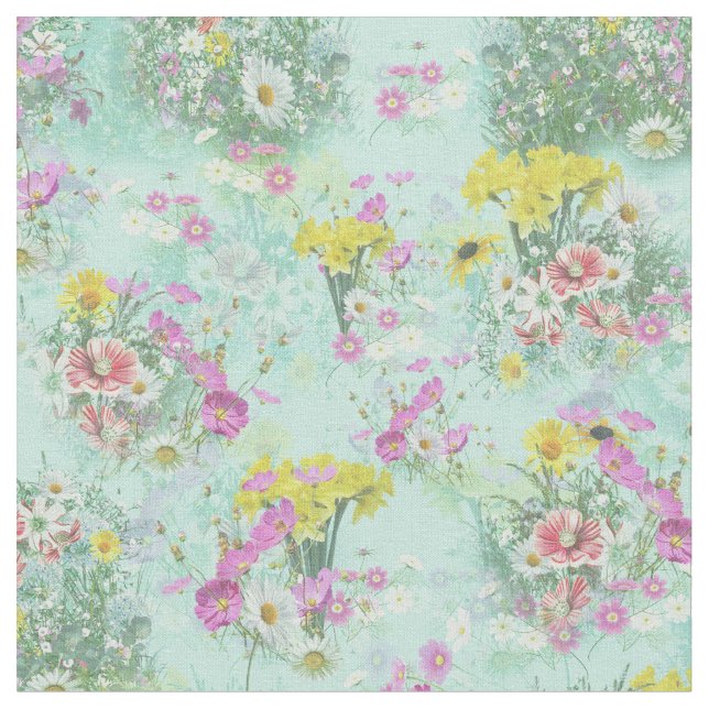 Retro Meadow Classic Flowers Fabric (Close Up)