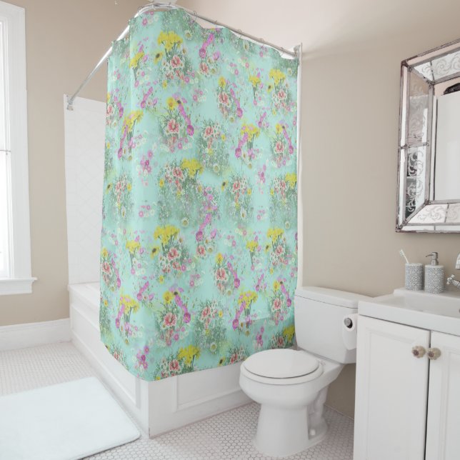 Retro Meadow Classic Flowers Shower Curtain (In Situ)
