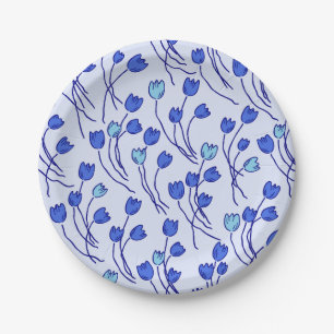 Retro Meadow Sketchy Floral Party Blue Delft Paper Plate