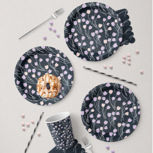Retro Meadow Sketchy Floral Party Midnight Garden Paper Plate