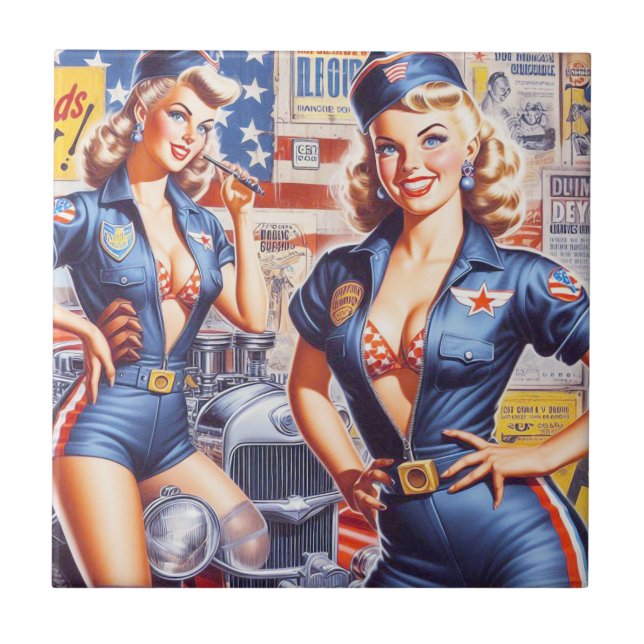 Retro Mechanic Pin-up Ceramic Tile (Front)