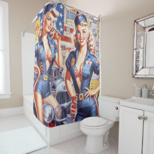 Retro Mechanic Pin-up Shower Curtain