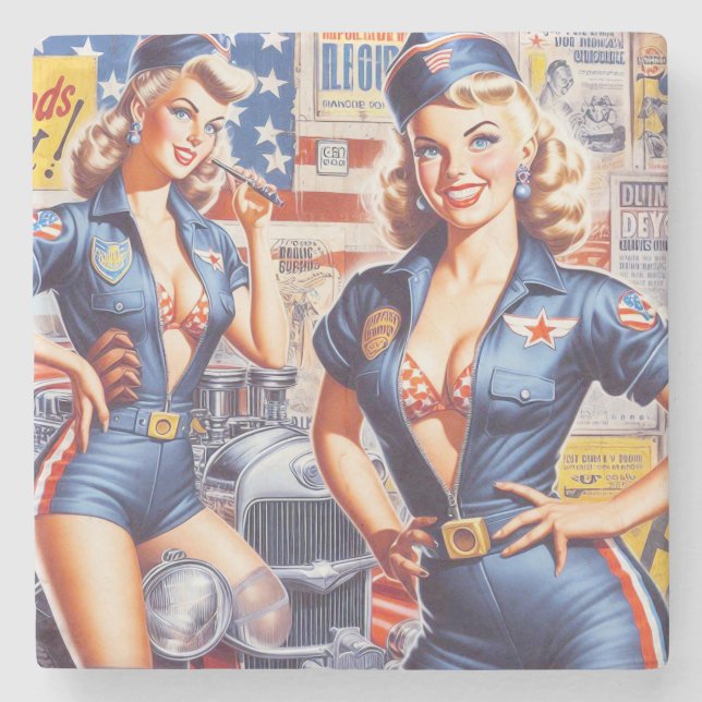 Retro Mechanic Pin-up Stone Coaster (Front)