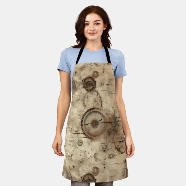 Retro Mechanical Blueprint Sepia Brown Apron (Worn)