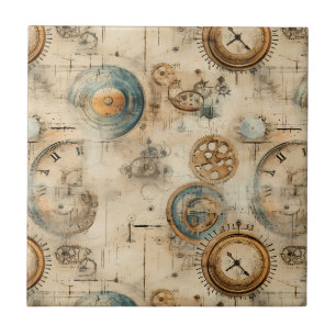 Retro Mechanical Blueprint Sepia Brown Ceramic Tile