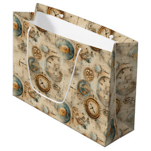 Retro Mechanical Blueprint Sepia Brown Large Gift Bag