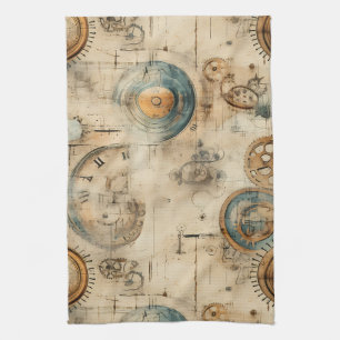 Retro Mechanical Blueprint Sepia Brown Tea Towel