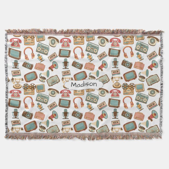 Retro Media Pattern custom name throw blanket (Front)