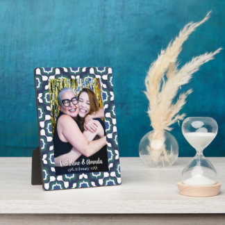 Retro Mediterranean Navy Blue White Photo Block Plaque