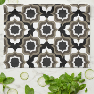 Retro Mediterranean Tiling Black White Grey Tea Towel