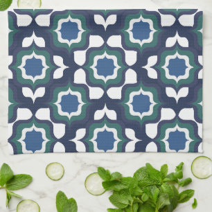 Retro Mediterranean Tiling Navy Blue White Tea Towel