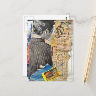 Retro men working Mixed media collage Postcard