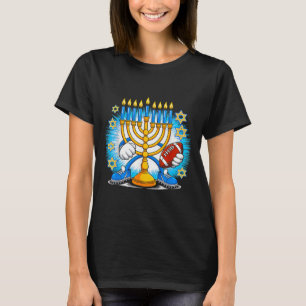 Retro Menorah Playing Football Happy Hanukkah Pjs  T-Shirt