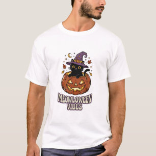 Retro Meowloween Vibes Black Cat Witch Pumpkin T-Shirt