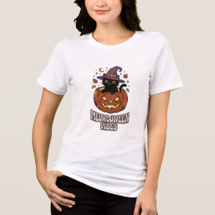 Retro Meowloween Vibes Black Cat Witch Pumpkin Tri-Blend Shirt