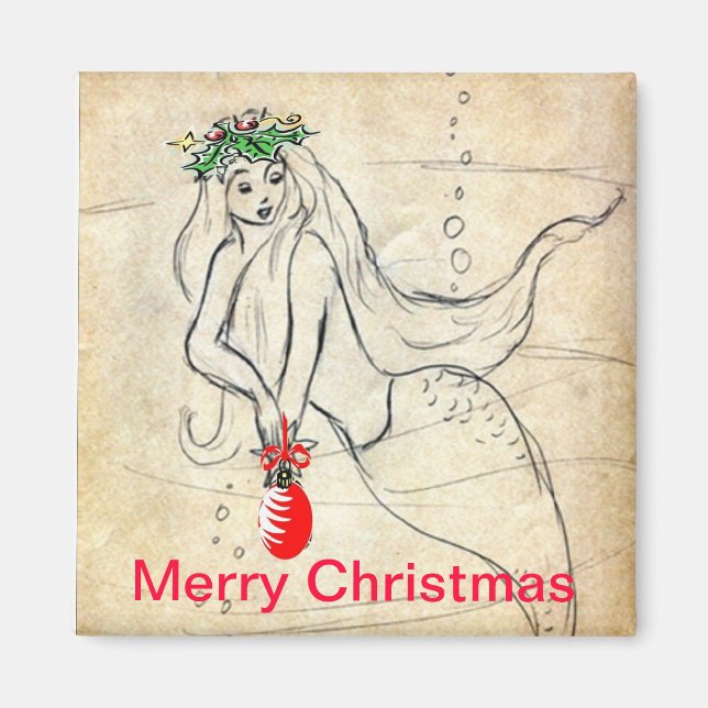 Retro Mermaid Merry Christmas Magnet (Front)