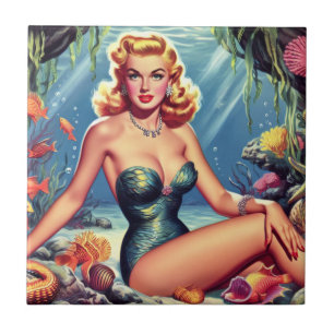 Retro Mermaid Pin Up Ceramic Tile