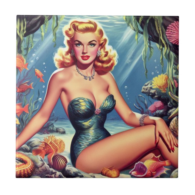 Retro Mermaid Pin Up Ceramic Tile (Front)