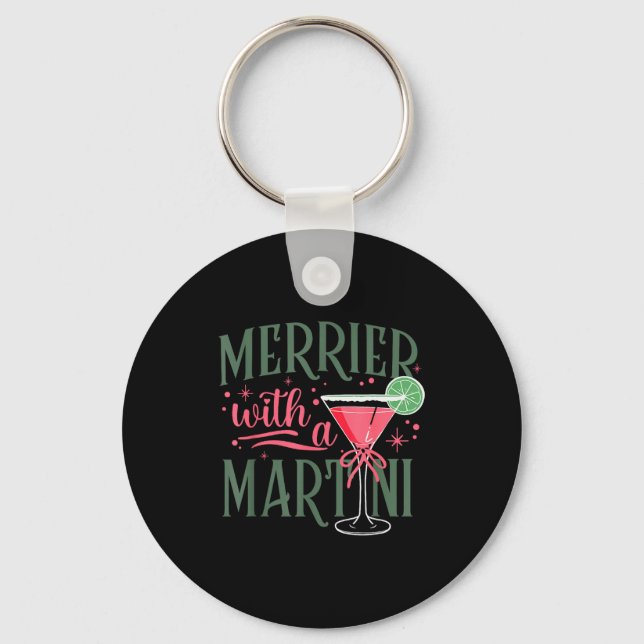 Retro Merrier With A Martini Tail Lover Merry Xmas Key Ring (Front)