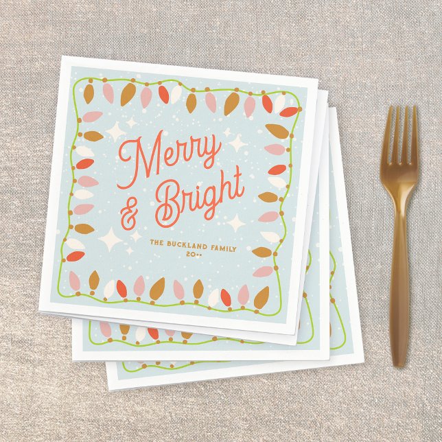 Retro Merry and Bright Christmas Lights Napkin (retro christams lights cocktail napkins)