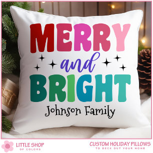 Retro Merry and Bright Customisable Name Christmas Cushion
