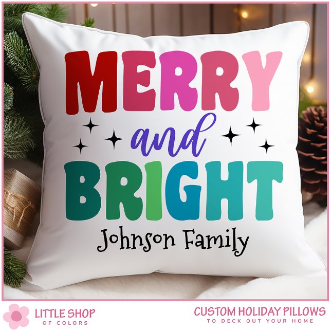Retro Merry and Bright Customisable Name Christmas Cushion (Creator Uploaded)