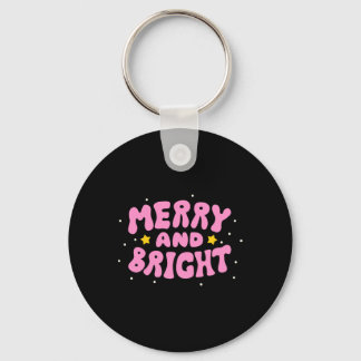 Retro Merry And Bright Holiday Design Key Ring