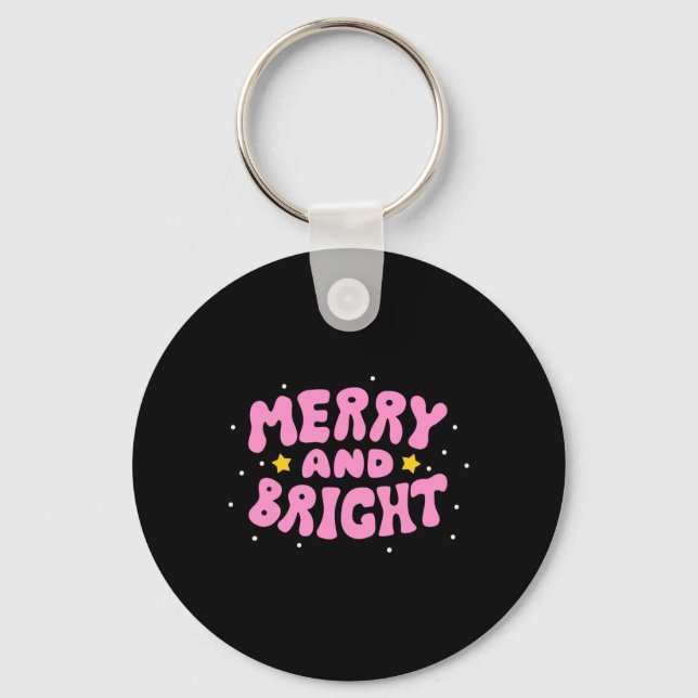 Retro Merry And Bright Holiday Design  Key Ring (Front)