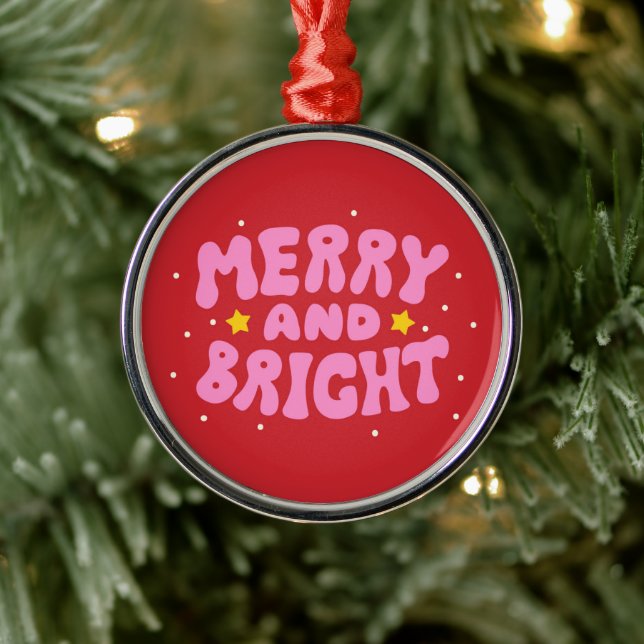 Retro Merry and Bright Holiday Design Metal Ornament (Tree)